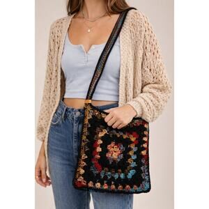 Handmade Crochet Granny Square Shoulder Bag Boho Knit Purse Multicolor Festival